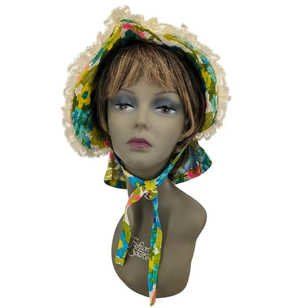 Vintage 1970's Psychedelic Hippie Bonnet Hawaiian Fabric Lace Trim Shell Buttons